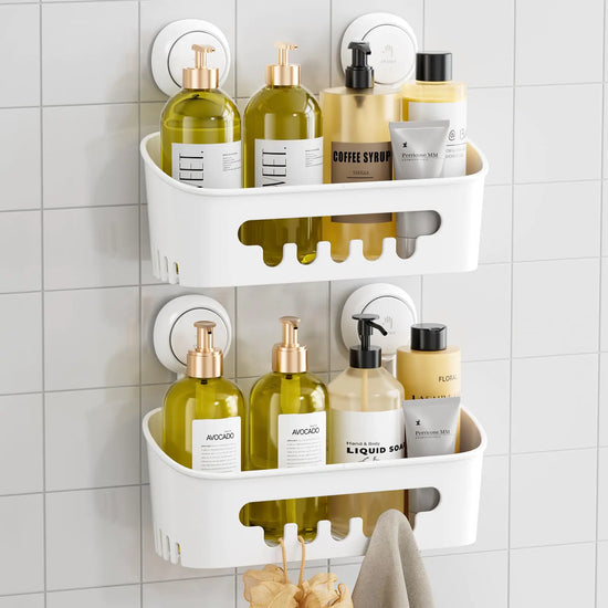 TAILI Shower Caddy Suction Cup 2 Pack Heavy Duty Bathroom Shower Organizer Removable Shelves for Inside Shower Shampoo Wall Mounted Plastic Storage for Bathroom Accessories White