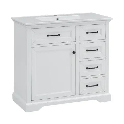 36Bathroom Vanity With Sink, Ceramic Sink, 2 Tip-out Drawers, Soft Close Door Hinges, White